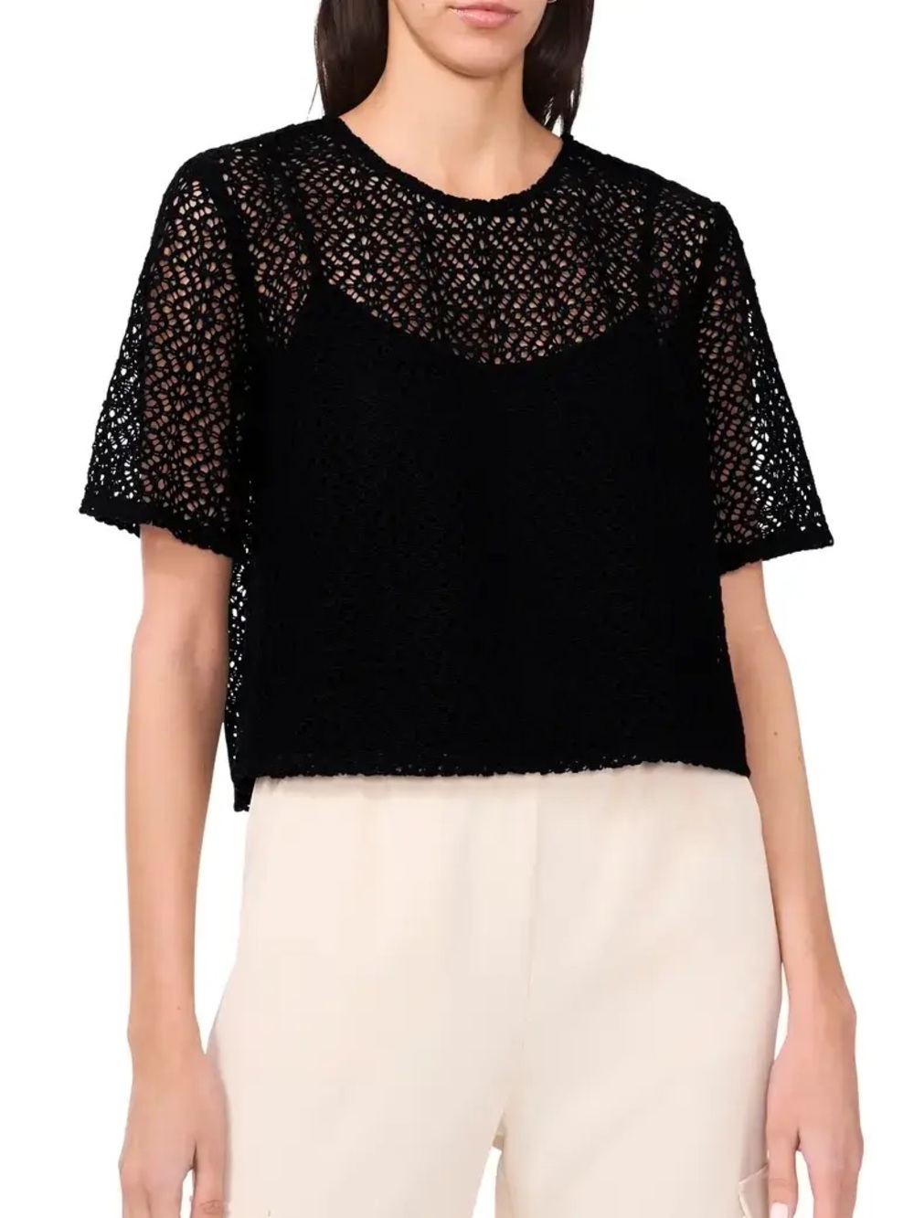 Halogen Crochet Boxy Short-Sleeve Top, in Black, size Medium